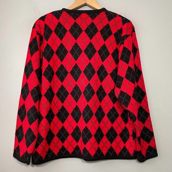 Vintage Boxy Red Argyle Plaid Sweater Size L Cardigan Gold Buttons Twee Academia - Picture 5 of 9